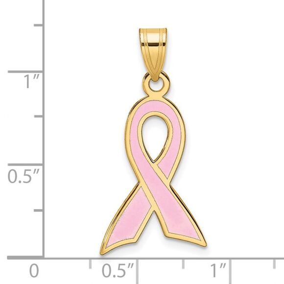 14k Yellow Gold & Pink Enamel Awareness Ribbon Pendant, 15 x 29mm